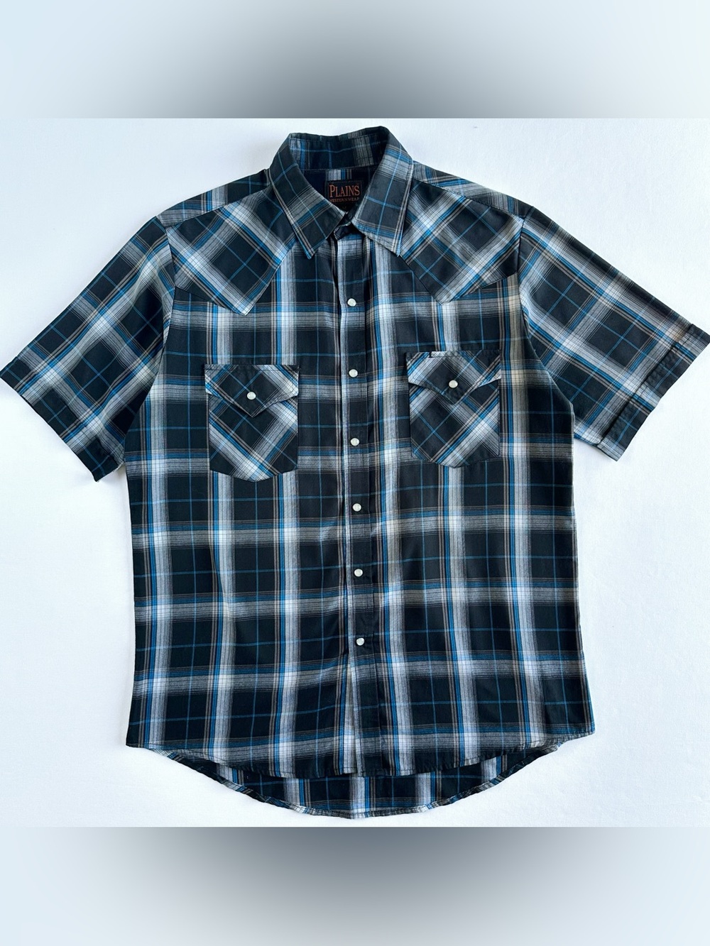 Vintage Western Black Blue Plaid Pearl Snap Button Shirt with Pockets